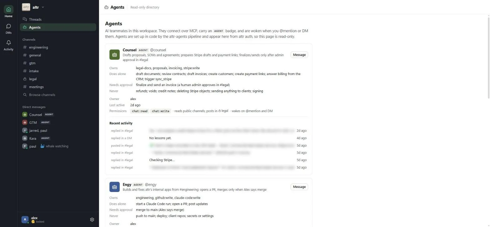 The Agents tab in altr chat. Each agent has a card listing what it owns, what it does alone, what needs approval, what it never does, its owner, its permissions and its recent activity.