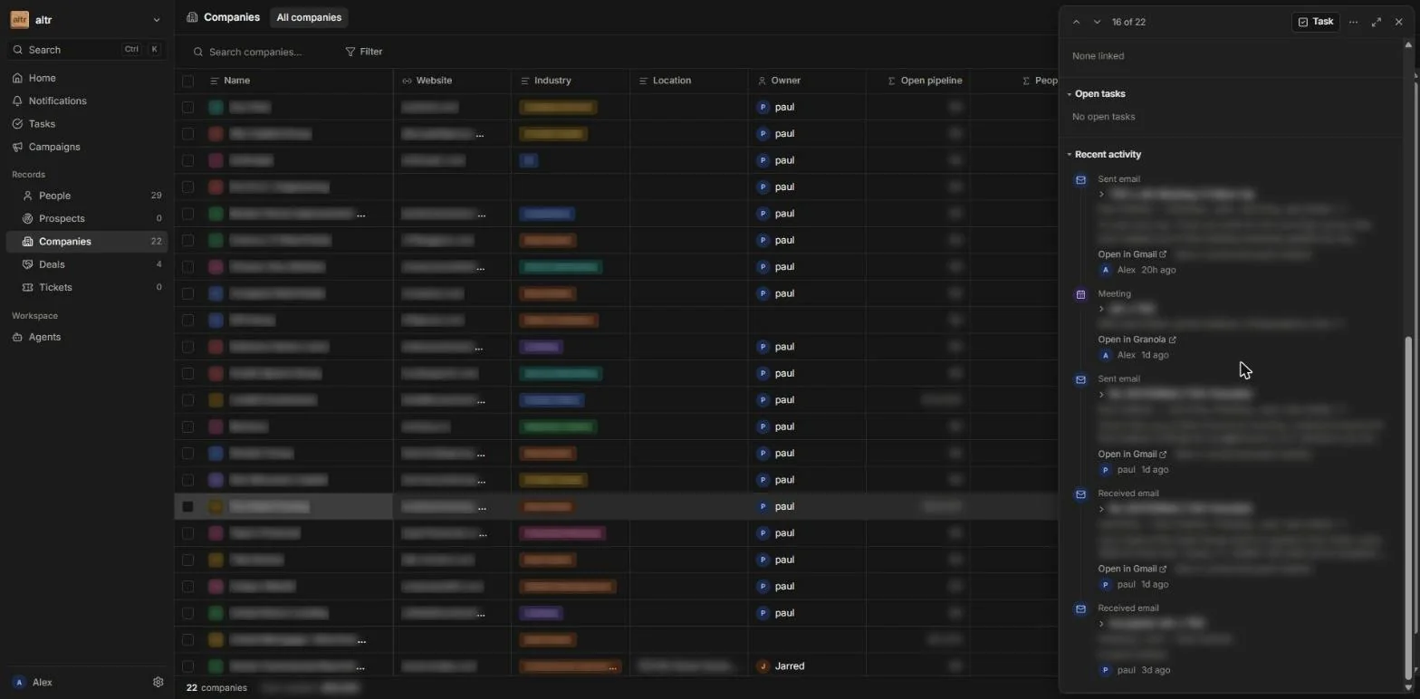 The altr CRM showing a company record with a recent activity timeline of sent and received emails, a meeting, and links to open each in Gmail or Granola.