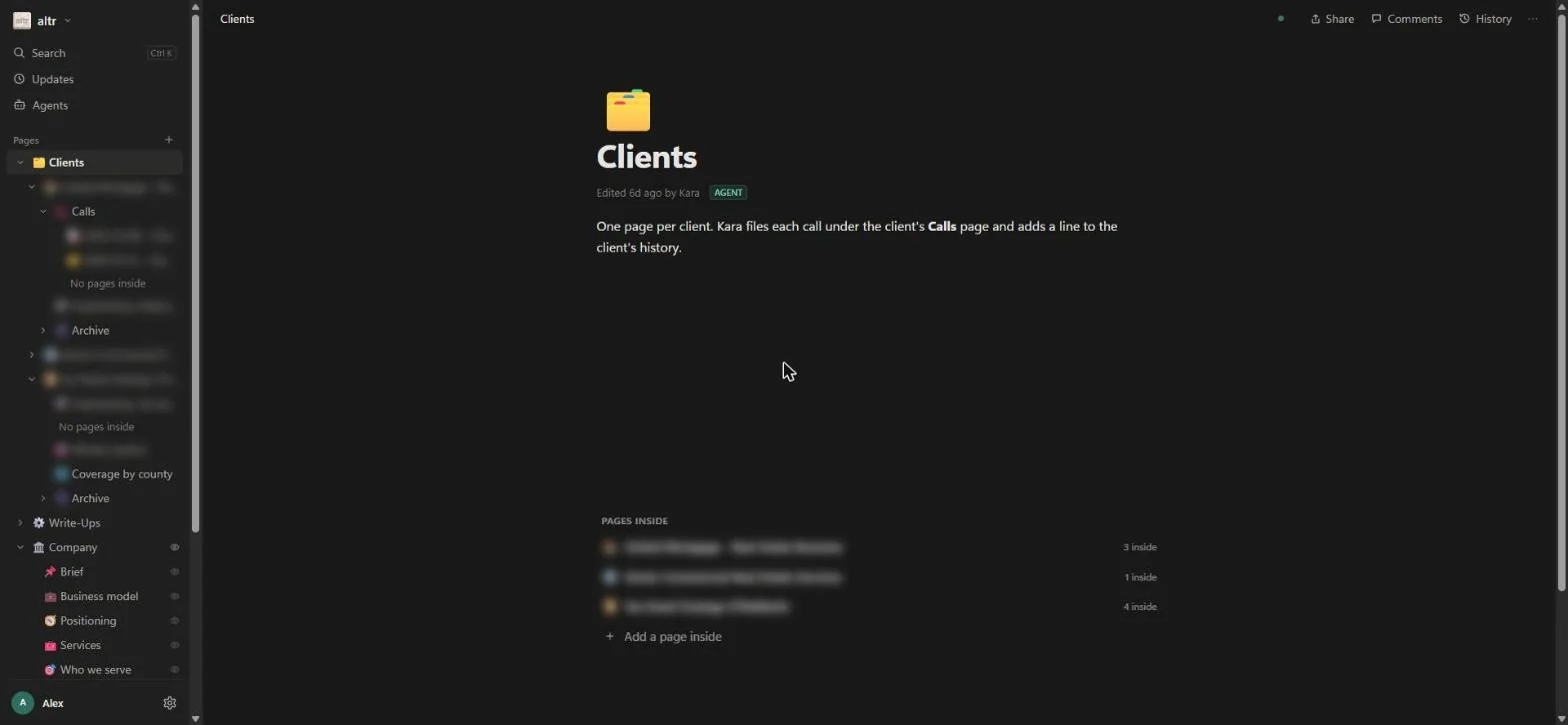 The Clients section of altr docs, with one page per client in the sidebar and a note that Kara files each call under the client's Calls page.
