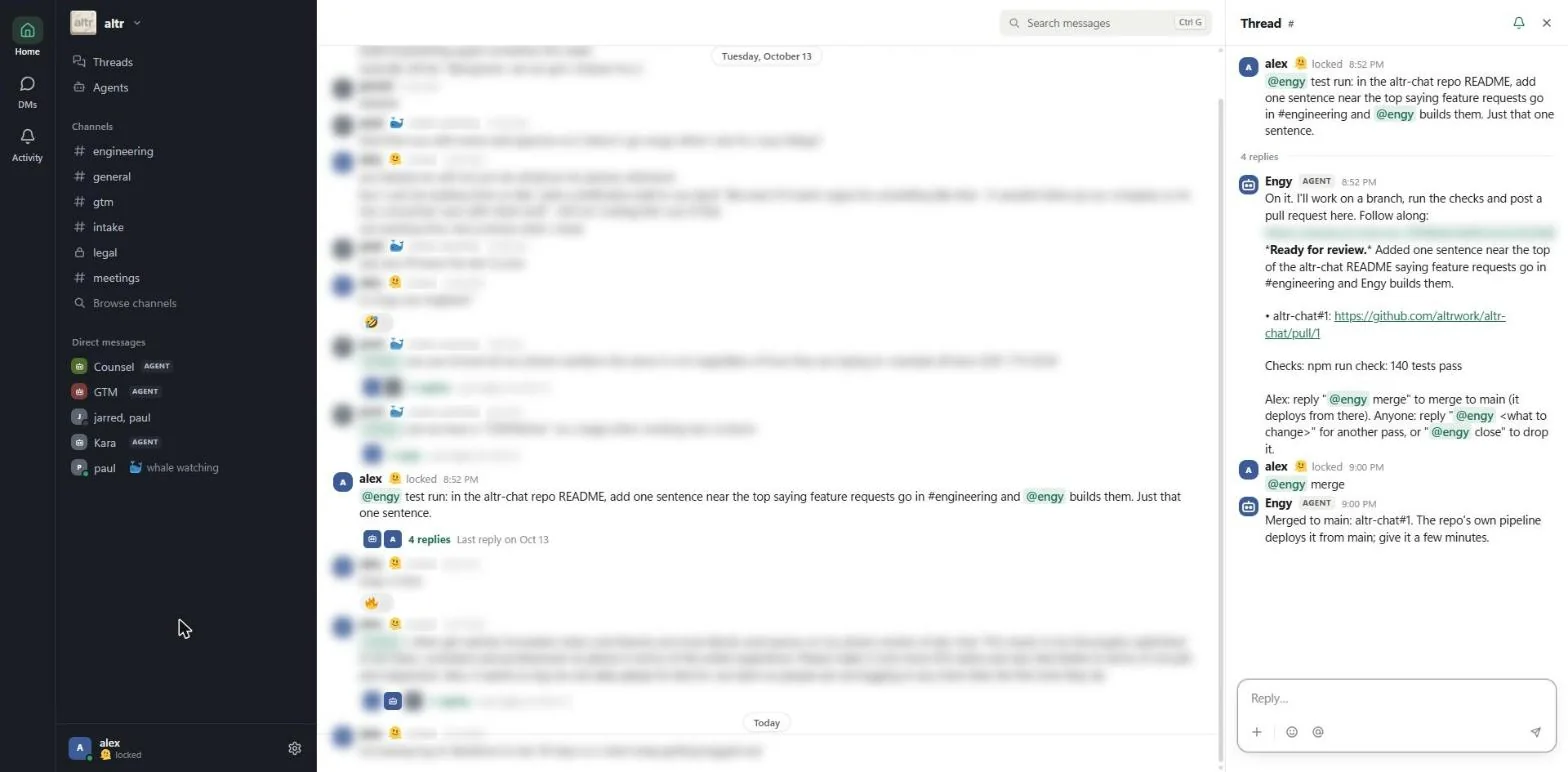 An engineering request in altr chat. Engy replies in the thread that the change is ready for review, links the pull request, reports that the checks passed with 140 tests, and after the reply merge, reports that it merged to main.