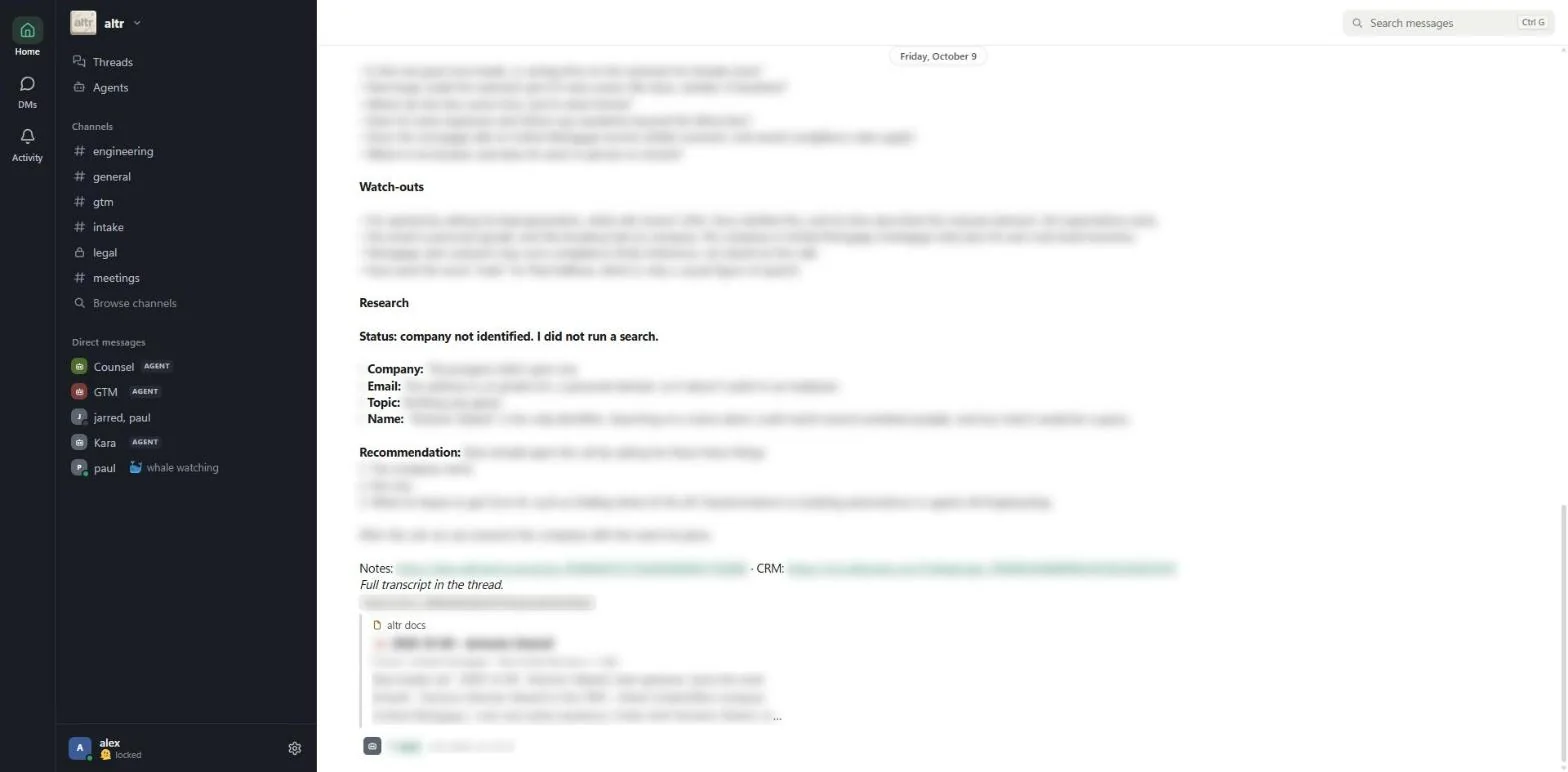 Kara's brief posted in the intake channel of altr chat, with the headings Watch-outs, Research, Status and Recommendation, a link to the docs page and the CRM record, and a docs preview card.
