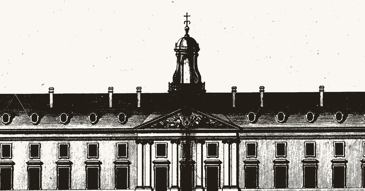 Engraving of a long classical building facade