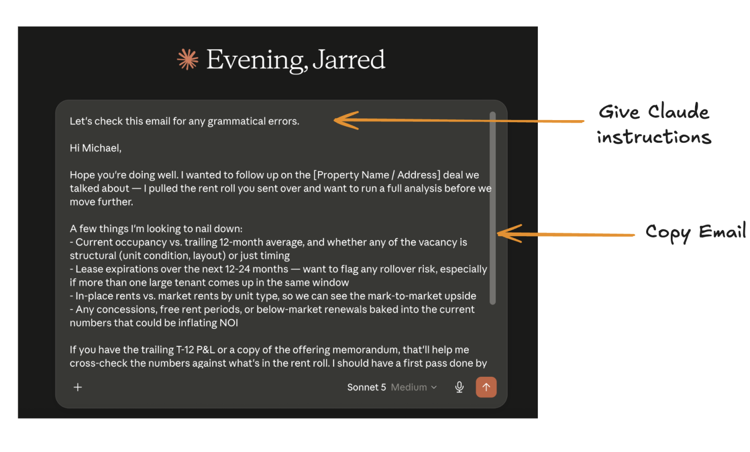 Email pasted into Claude with instructions to review it