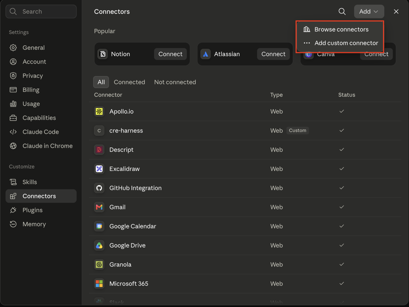 Claude Connectors settings showing Browse connectors and Add custom connector