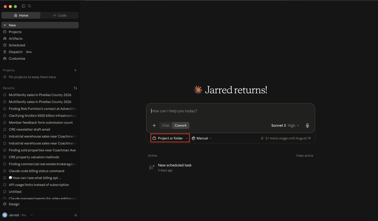 Claude Desktop showing the Cowork option selected