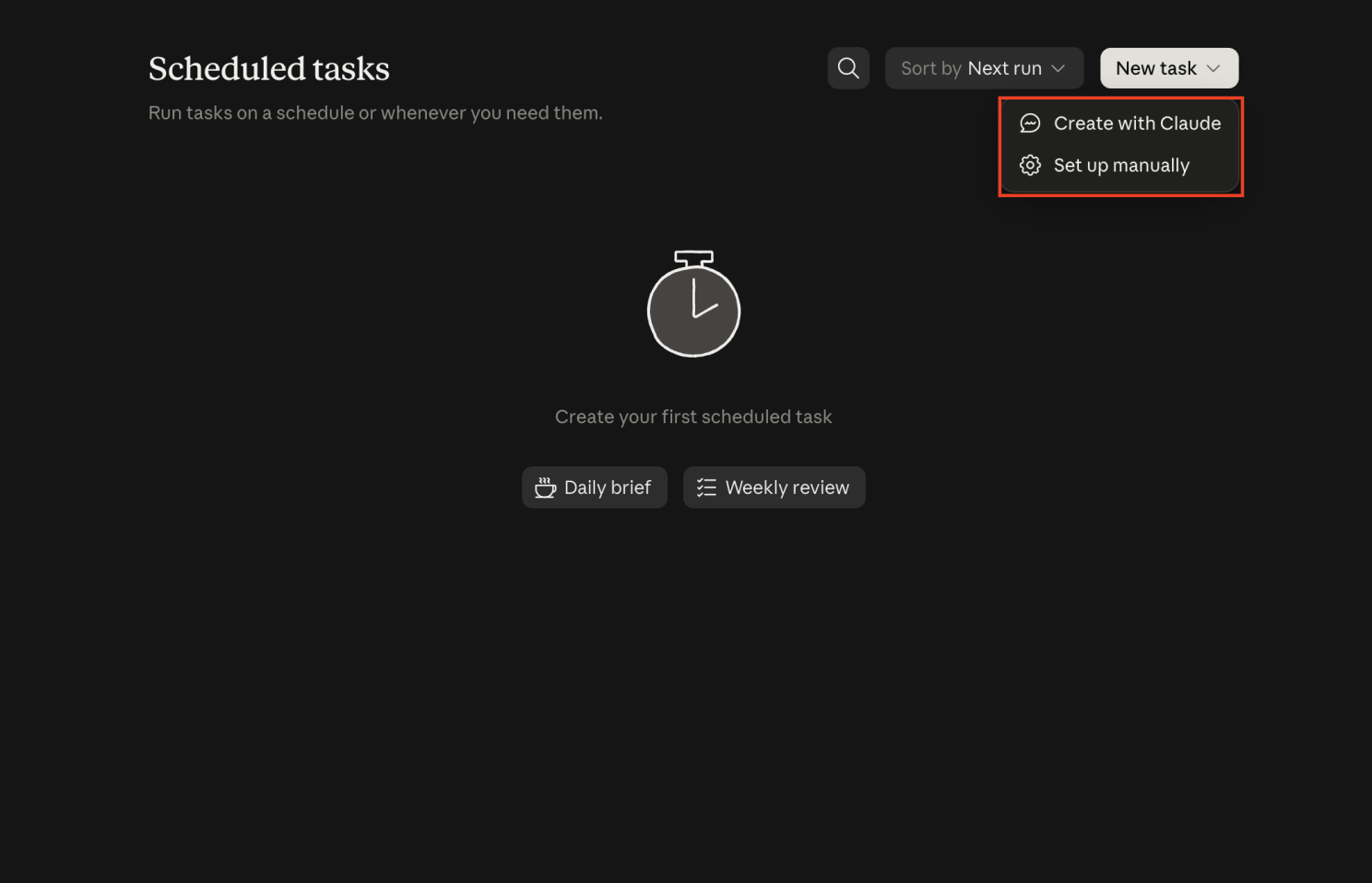 Claude Scheduled Tasks screen with Create with Claude highlighted