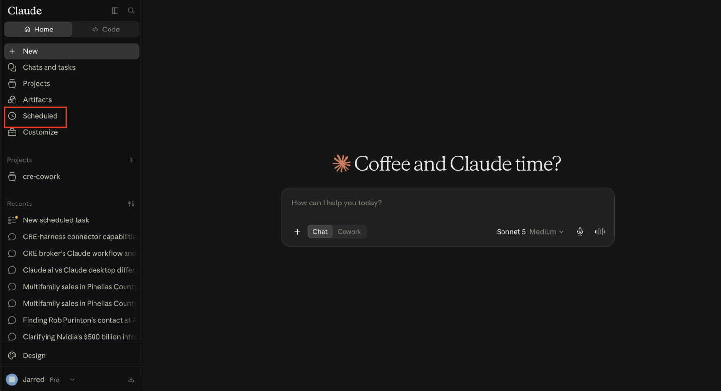 Scheduled option highlighted in the Claude navigation