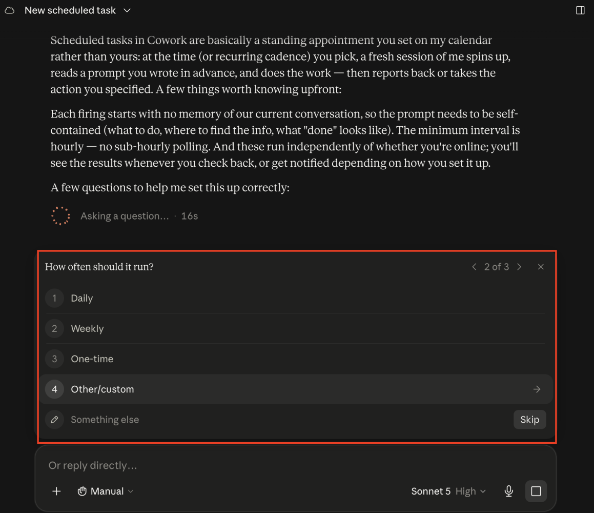 Claude asking setup questions while creating a new scheduled task