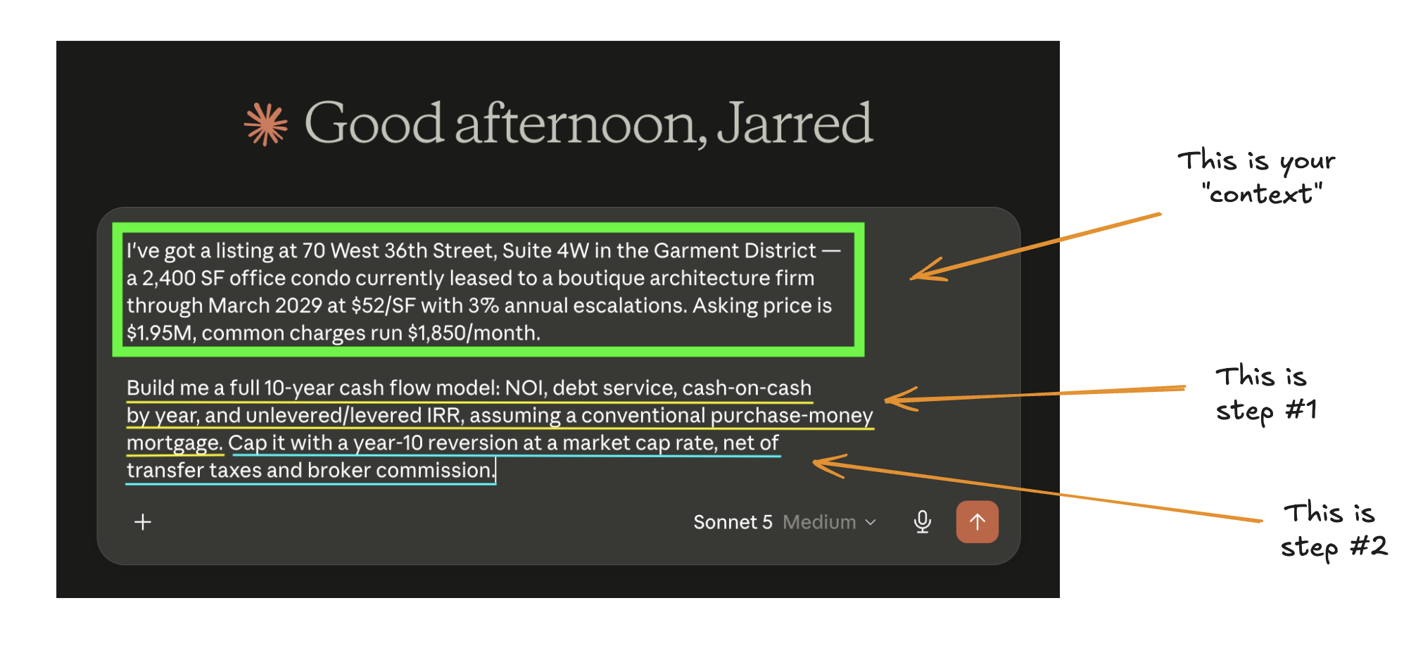 Annotated underwriting prompt separating context from the steps Claude should follow