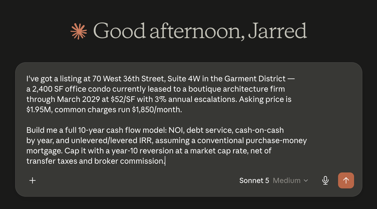 Claude prompt asking for an office condo acquisition cash flow model